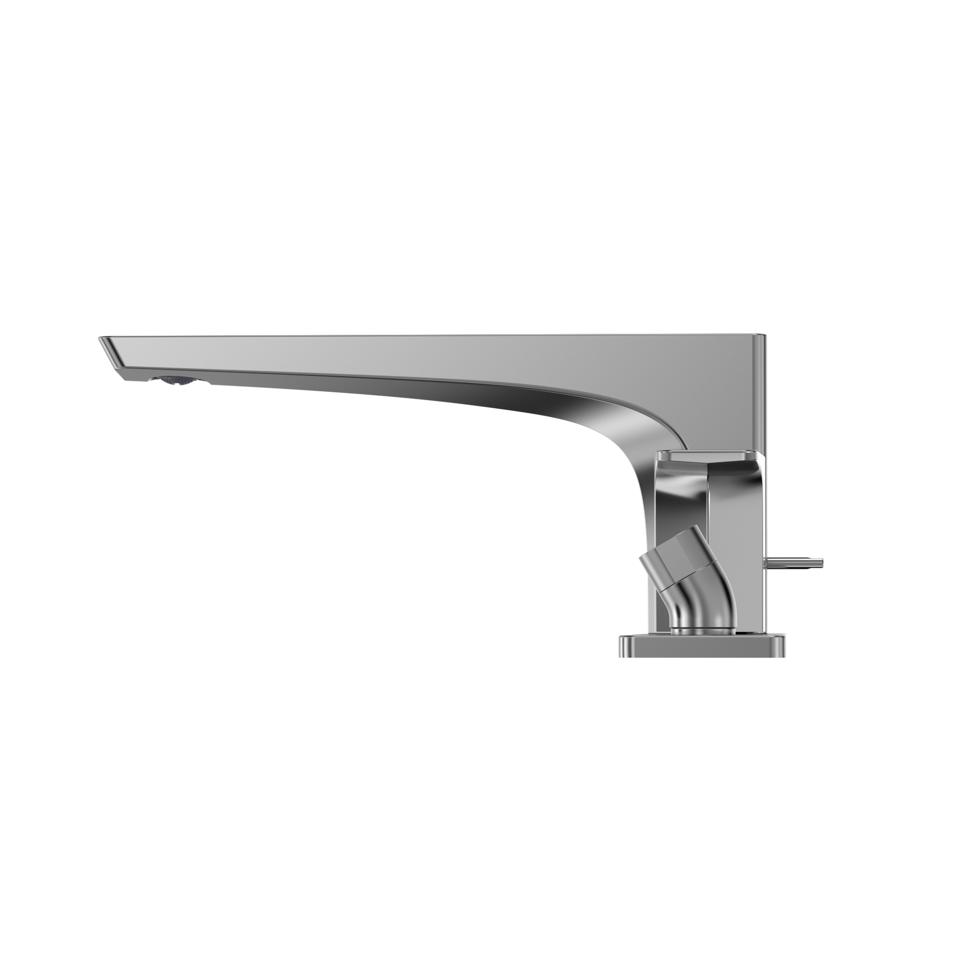 Polished chrome two-handle deck-mount roman tub filler with curved spout and detachable handshower.