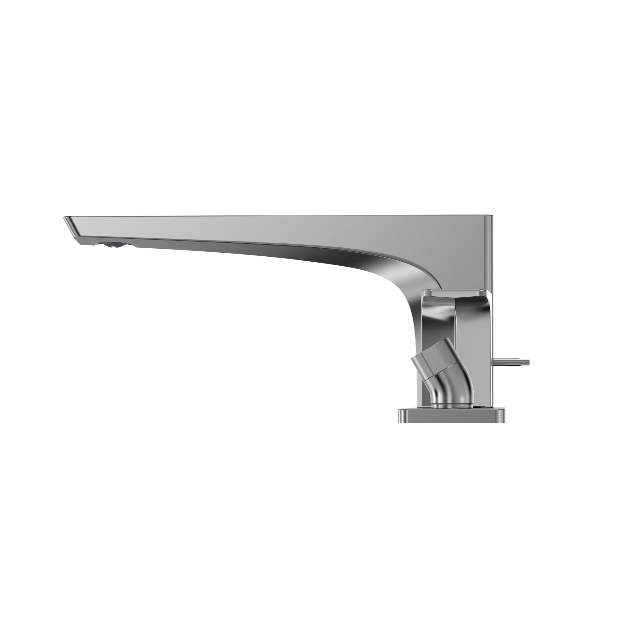 Polished chrome two-handle deck-mount roman tub filler with curved spout and detachable handshower.