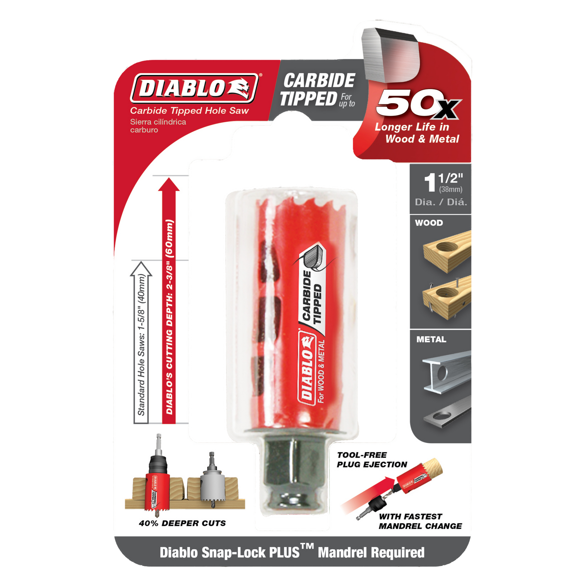 Diablo 1-1/2 inch carbide-tipped holesaw with red plastic casing and metal cutting head in clear packaging.