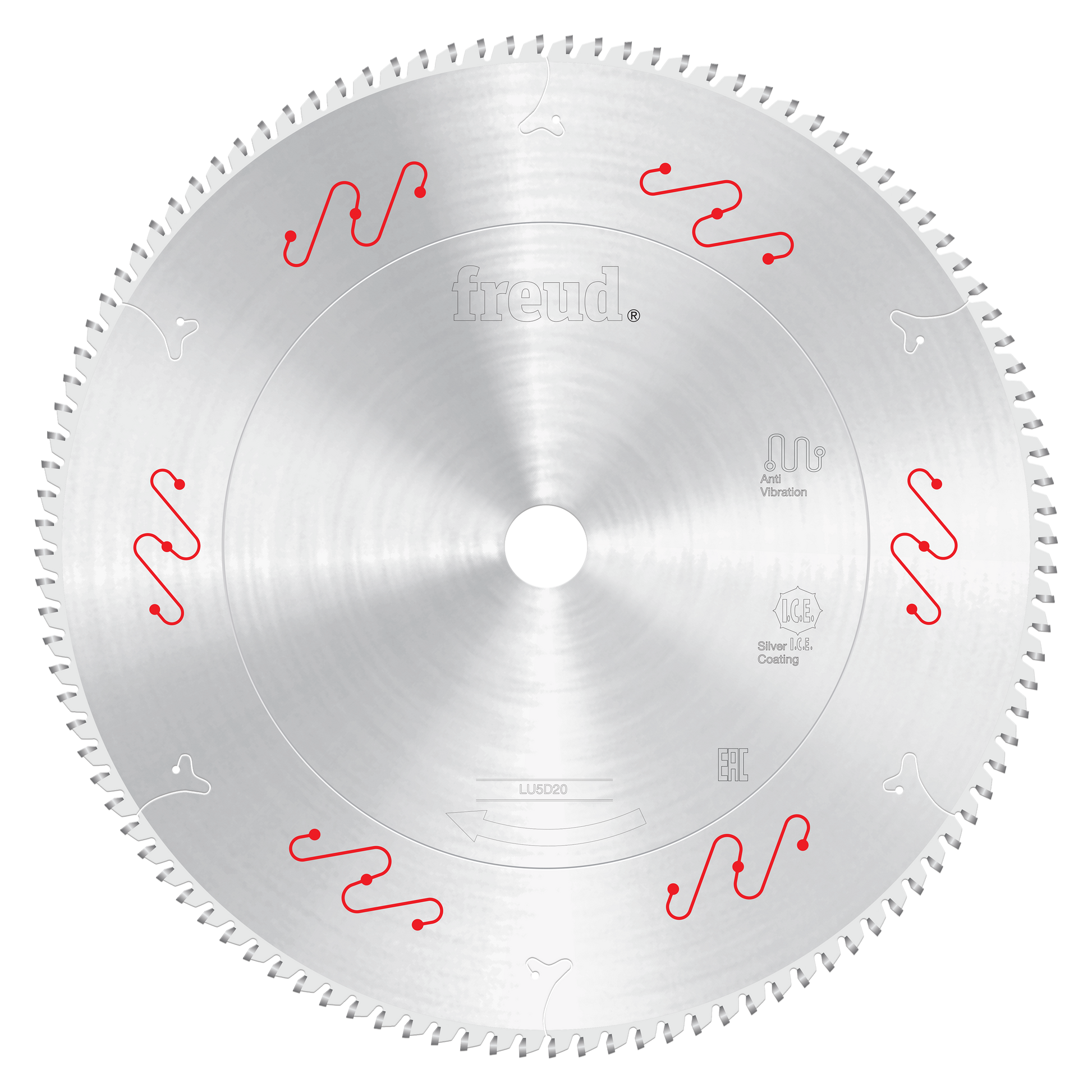 Freud 370mm circular saw blade with fine teeth and red wavy markings around the face for aluminum and non-ferrous material cu