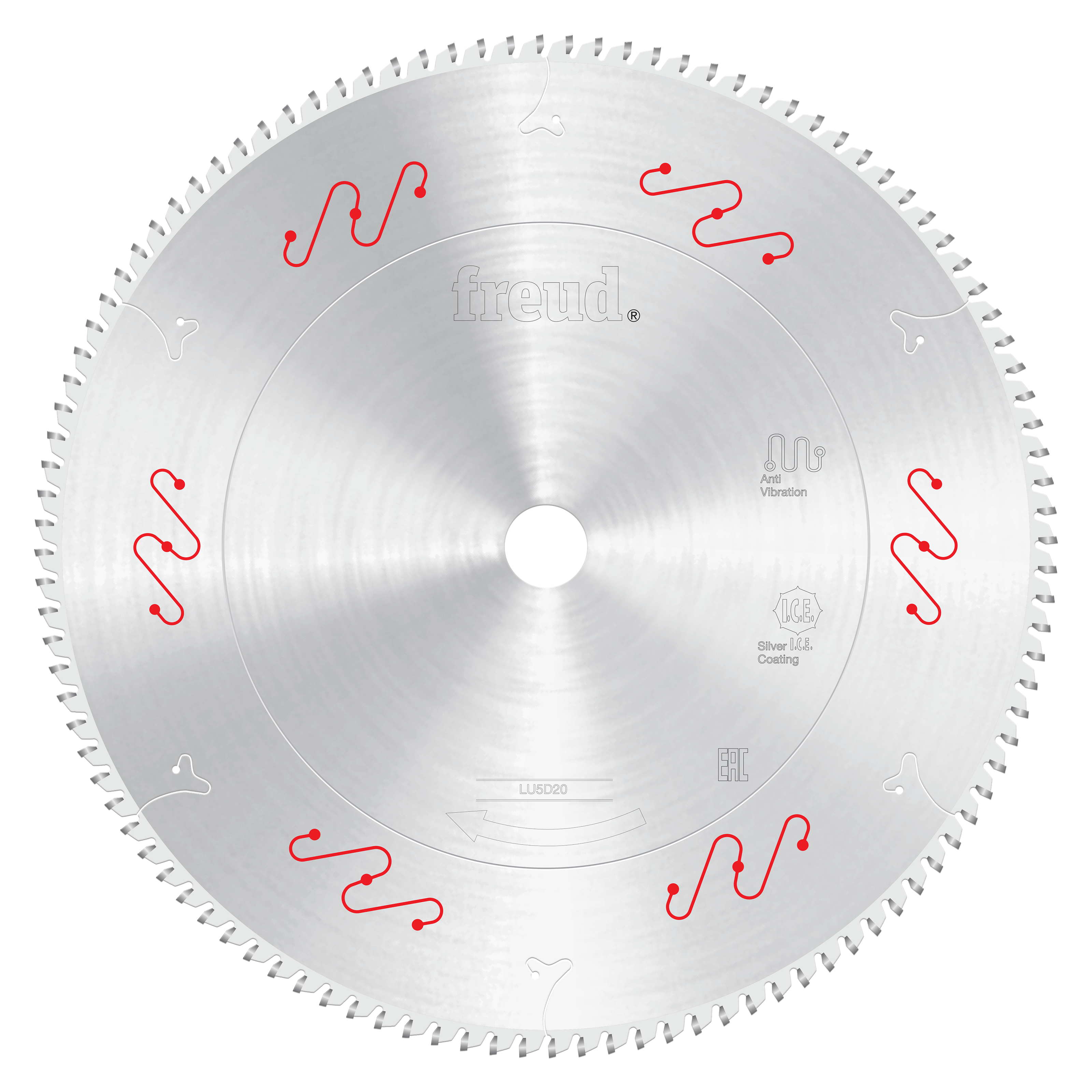 Freud 370mm circular saw blade with fine teeth and red wavy markings around the face for aluminum and non-ferrous material cu