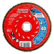 Diablo Steel Demon red flap disc with tan abrasive strips around edge, white center hole, and product specifications on face.