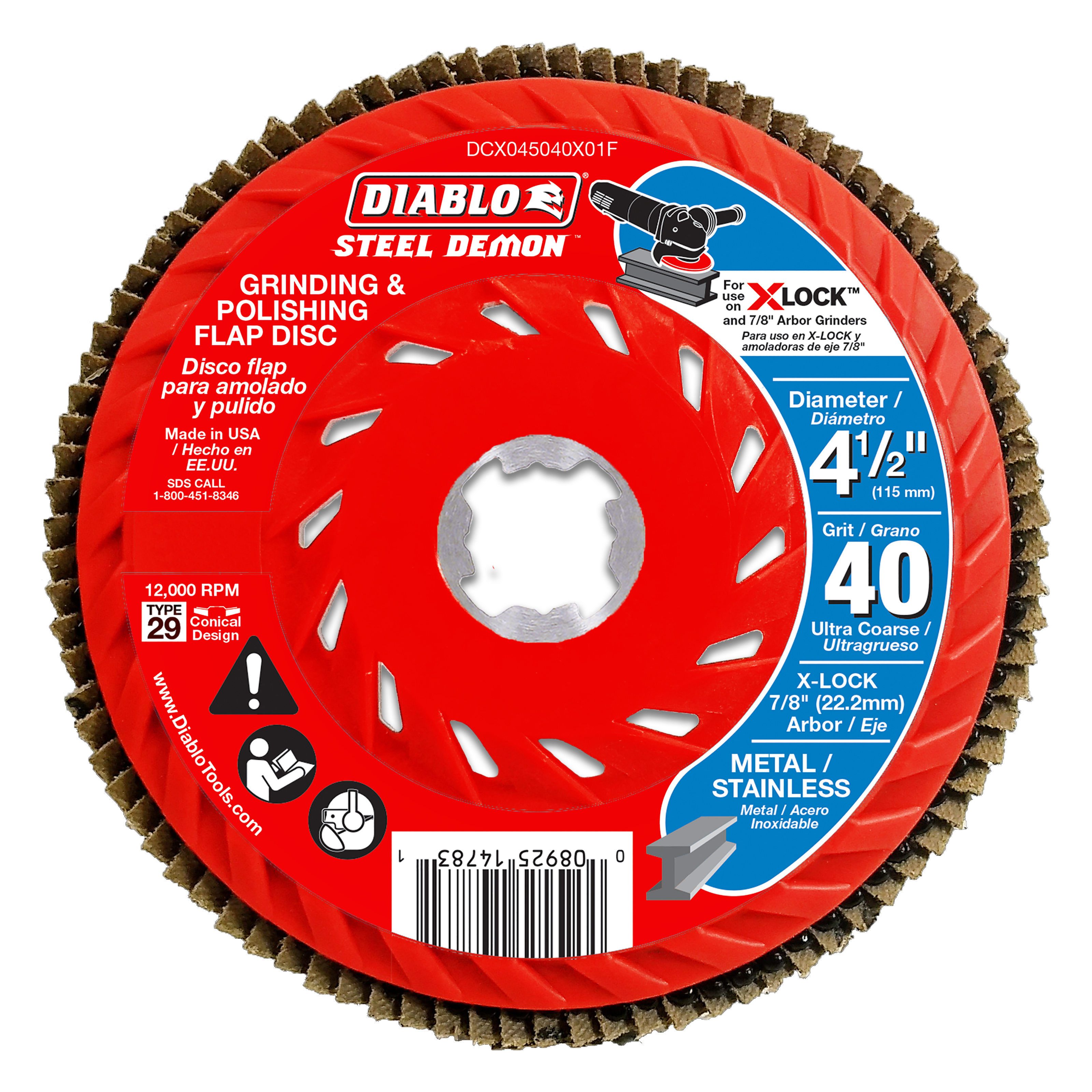 Diablo Steel Demon red flap disc with tan abrasive strips around edge, white center hole, and product specifications on face.