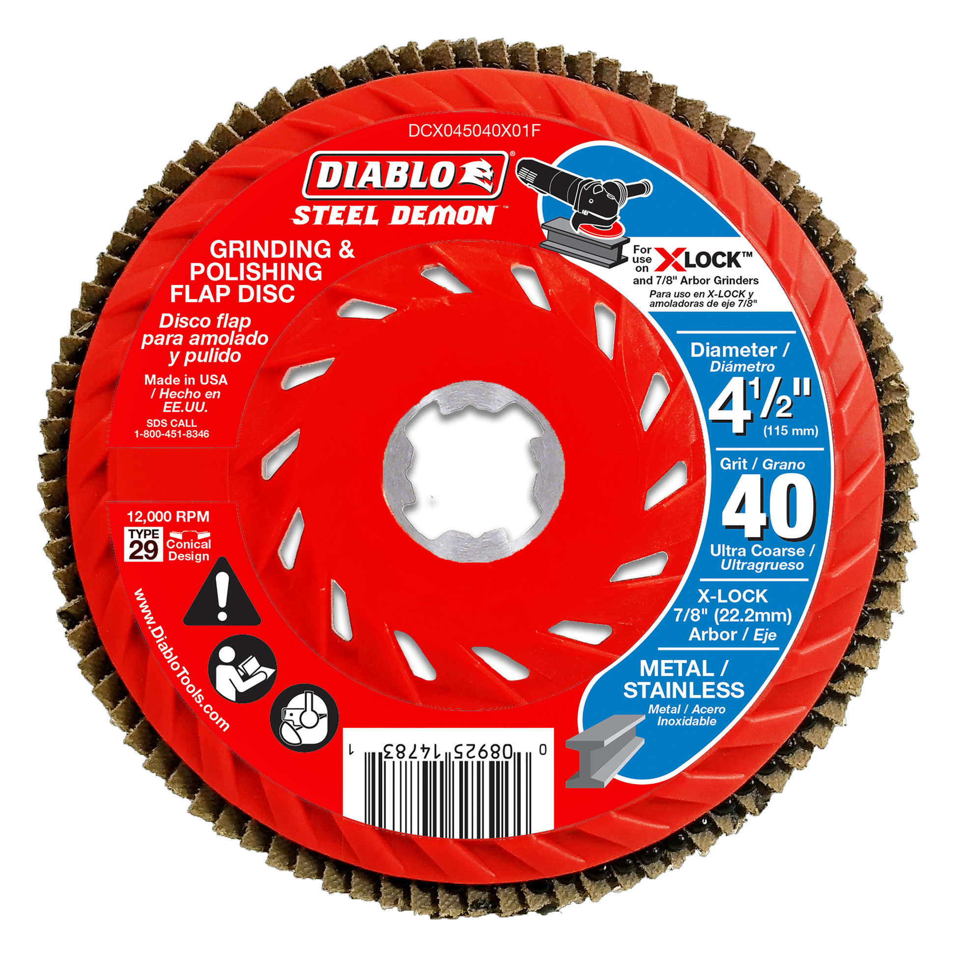 Diablo 4-1/2 inch 40-grit red flap disc with tan abrasive flaps around the perimeter and white center arbor hole.