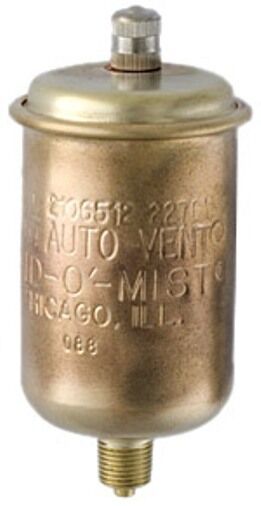 Brass auto-vent cylindrical valve with threaded base and metal cap, featuring embossed text.