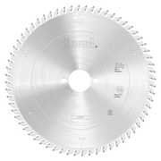 Circular saw blade with silver coating and fine carbide teeth around the perimeter, center hole for mounting, Freud branding 
