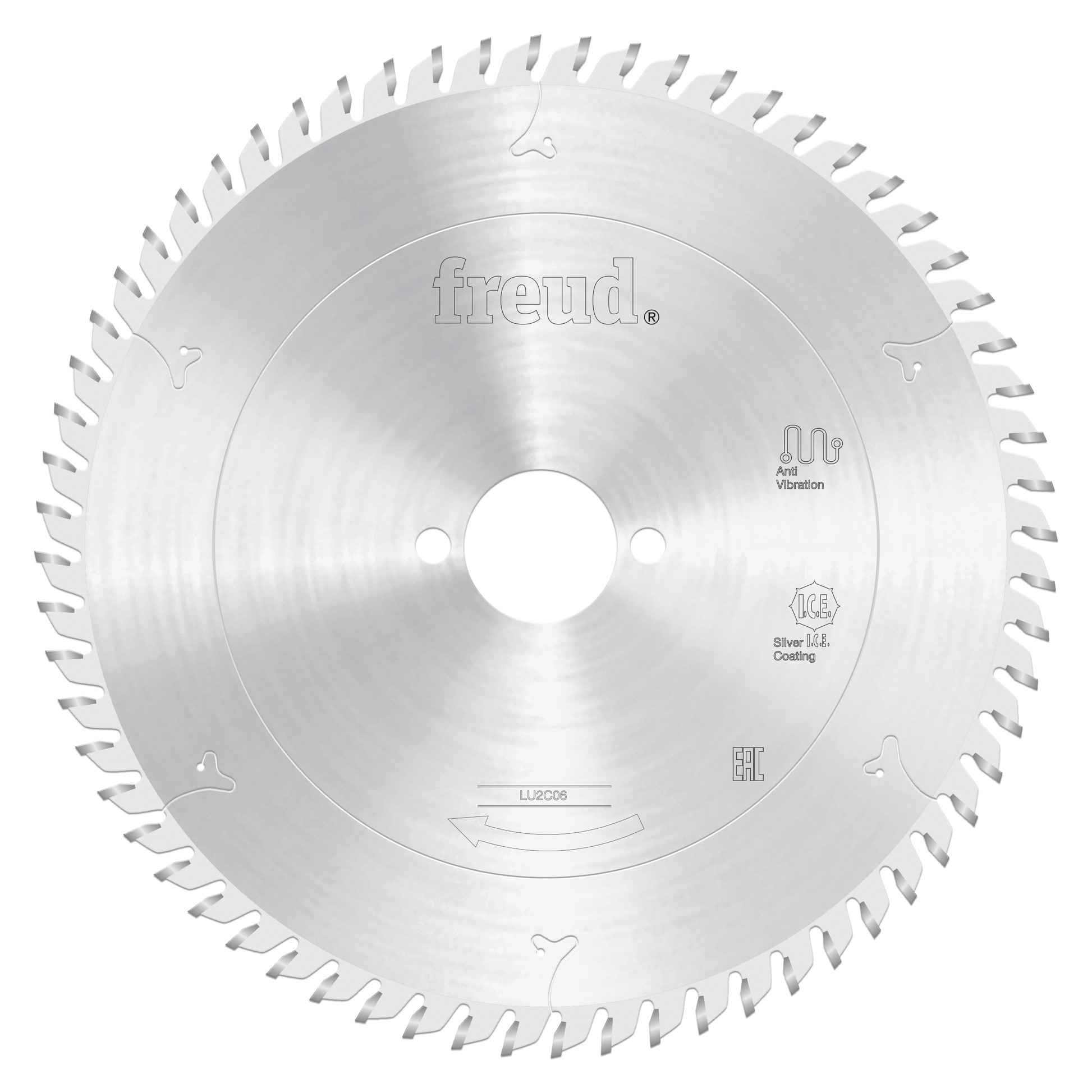 Circular saw blade with silver coating and fine carbide teeth around the perimeter, center hole for mounting, Freud branding 