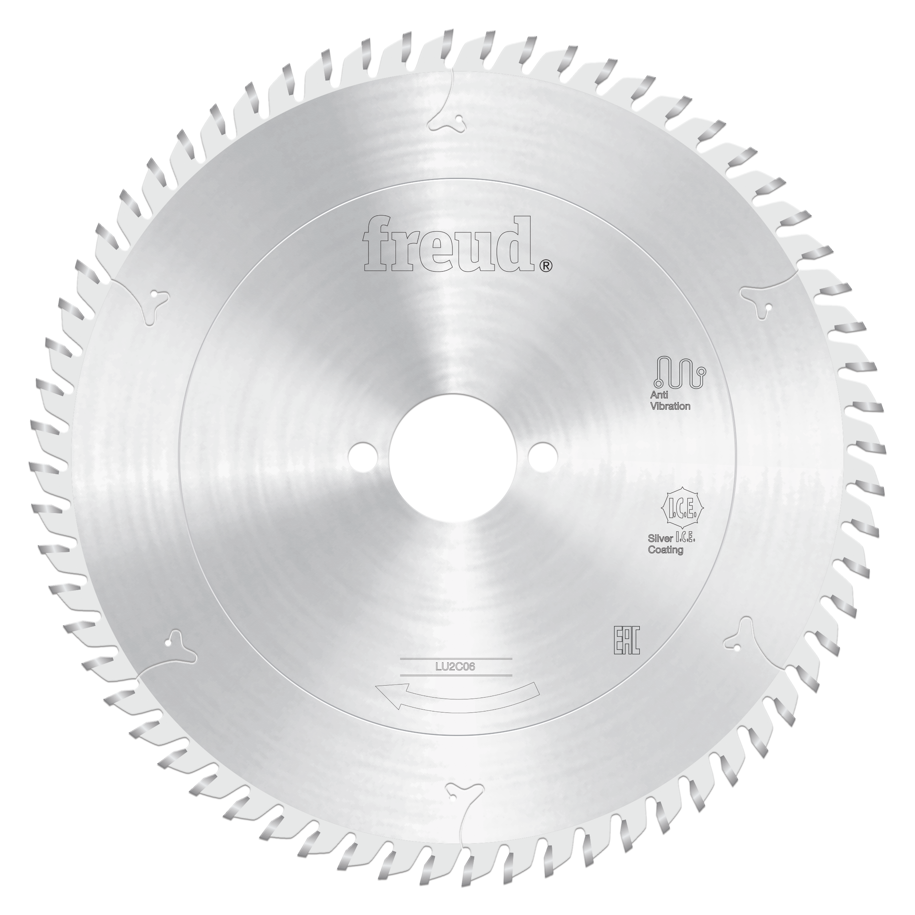 Circular saw blade with silver coating and fine carbide teeth around the perimeter, center hole for mounting, Freud branding 