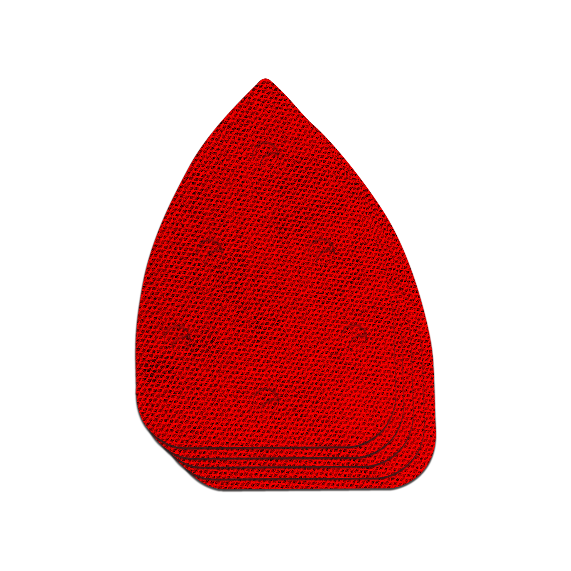 Five red sanding sheets with textured surfaces stacked in teardrop shape for mouse orbital sanders.