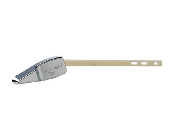 Chrome trip lever with tan handle and mounting slots for left-side installation.