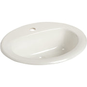 White oval vitreous china drop-in bathroom sink with single faucet hole and overflow opening.