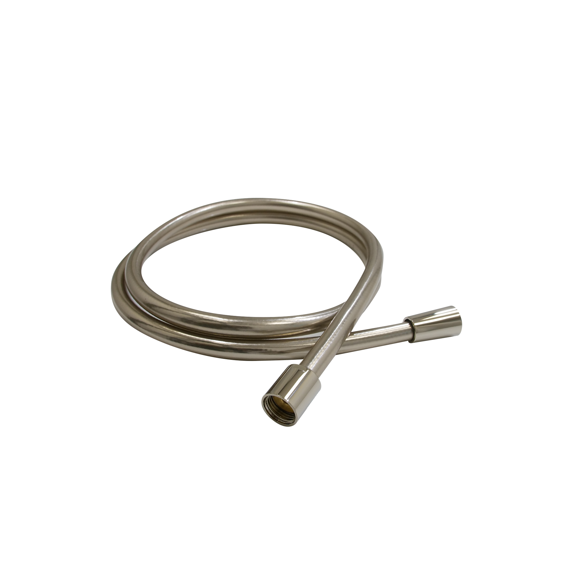 Polished nickel shower hose coiled with threaded connector on one end.