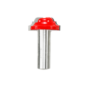 Red cove and bead groove router bit with silver cylindrical shank and decorative cutting head.