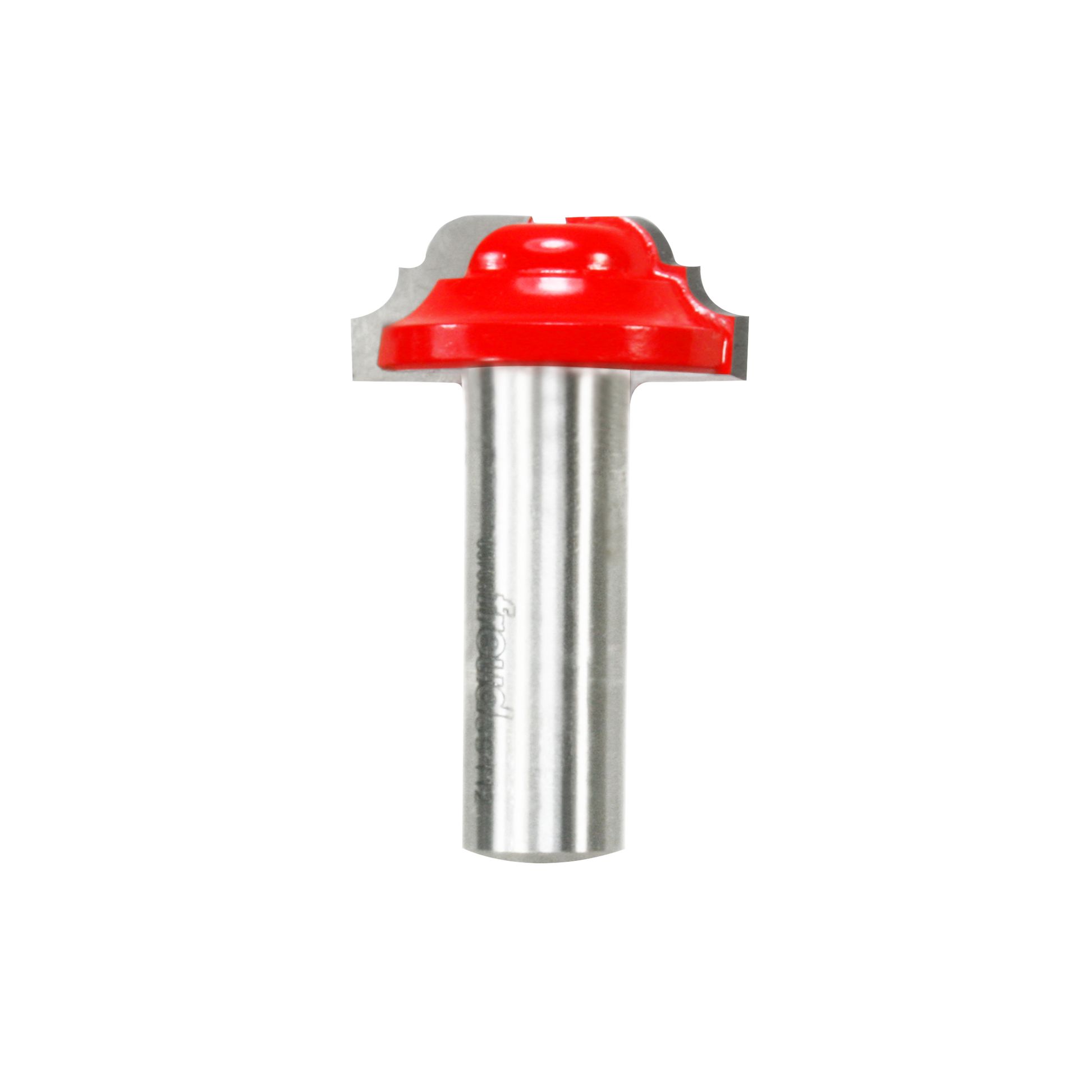 Red cove and bead groove router bit with silver cylindrical shank and decorative cutting head.
