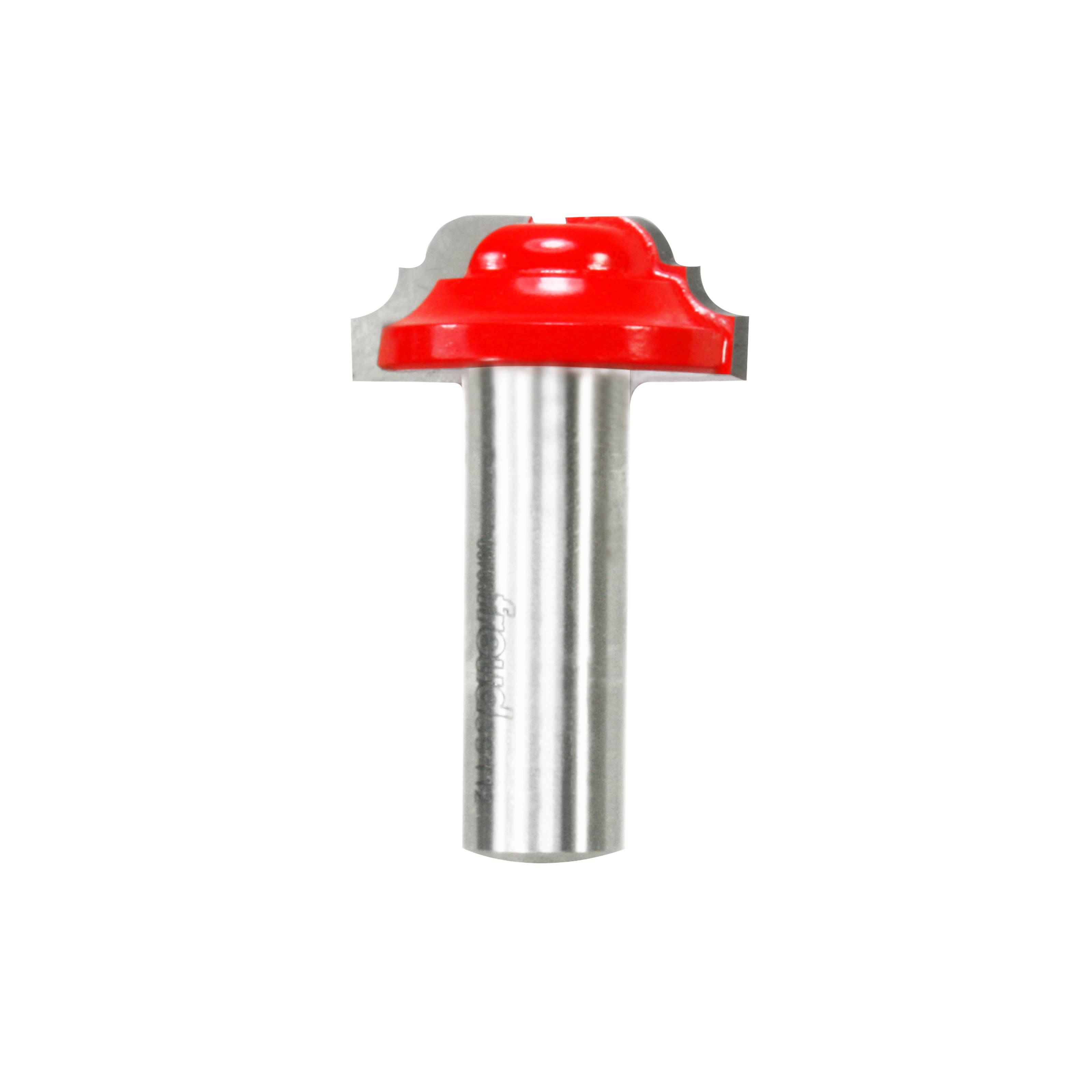 Red cove and bead groove router bit with silver cylindrical shank and decorative cutting head.