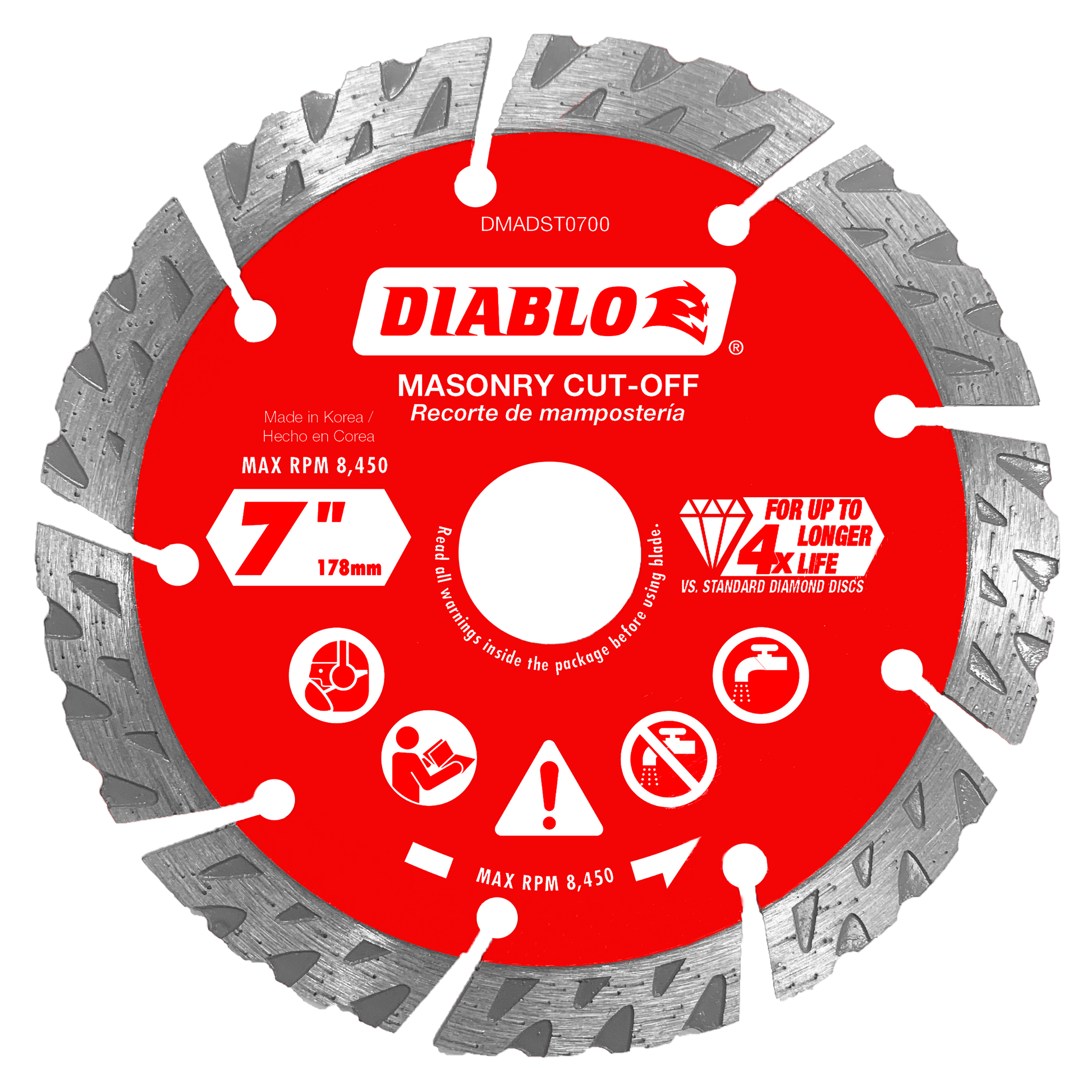 7-inch diamond segmented masonry cut-off disc with red label, gray diamond segments around perimeter, and center arbor hole.