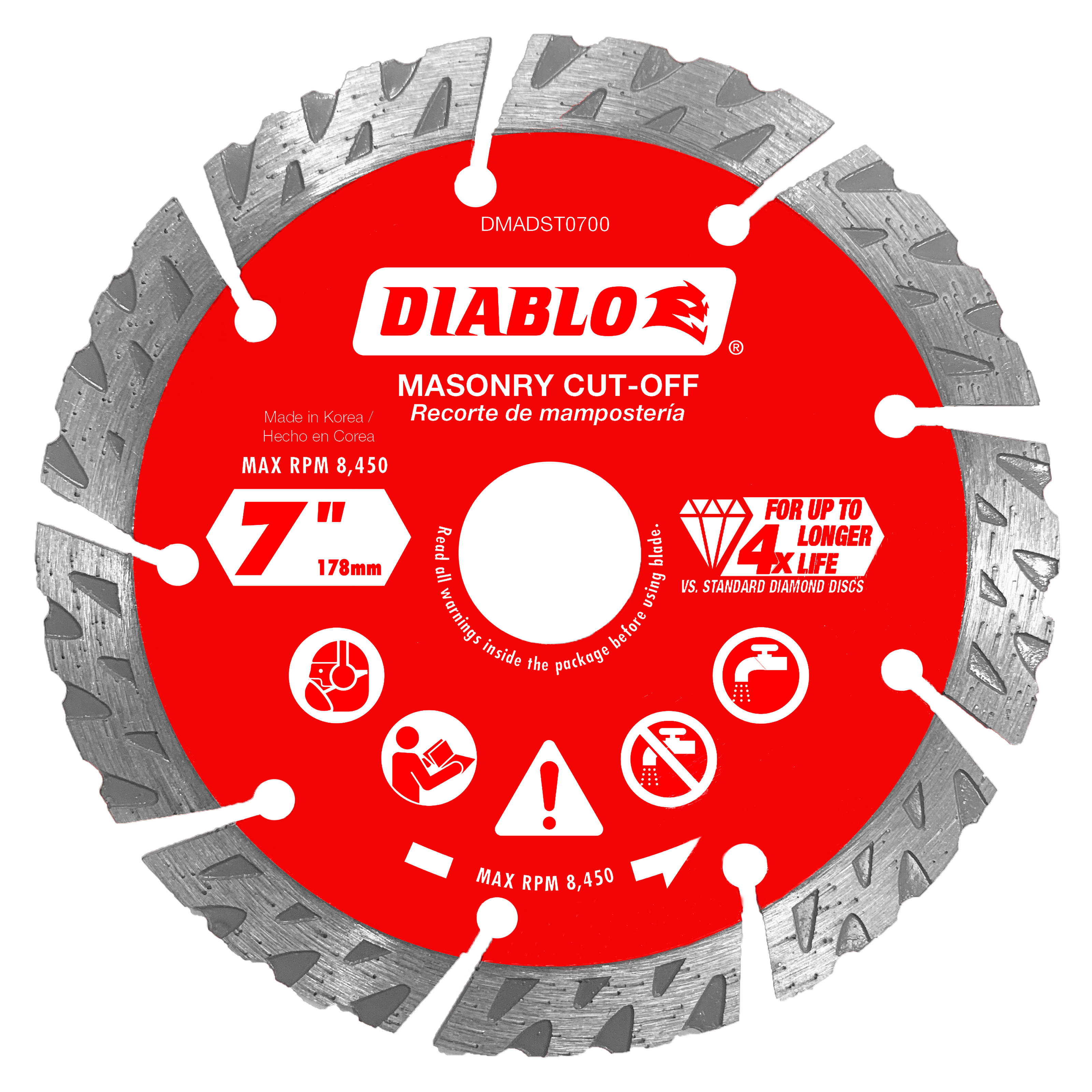 7-inch diamond segmented masonry cut-off disc with red label, gray diamond segments around perimeter, and center arbor hole.