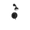 Matte black pressure balance valve shower combo with round escutcheon and single showerhead.