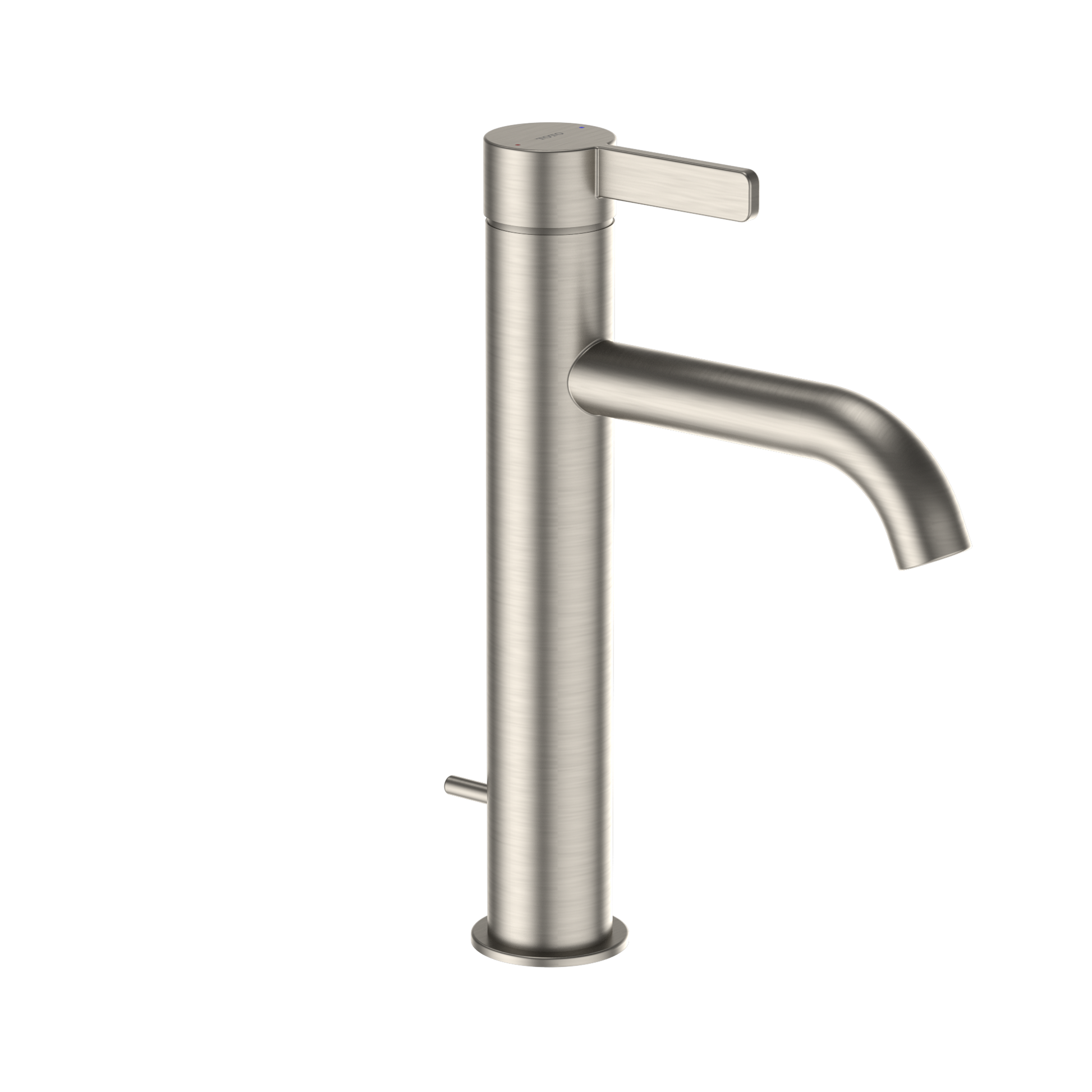 Brushed nickel single-handle bathroom sink faucet with tall cylindrical body and curved spout.