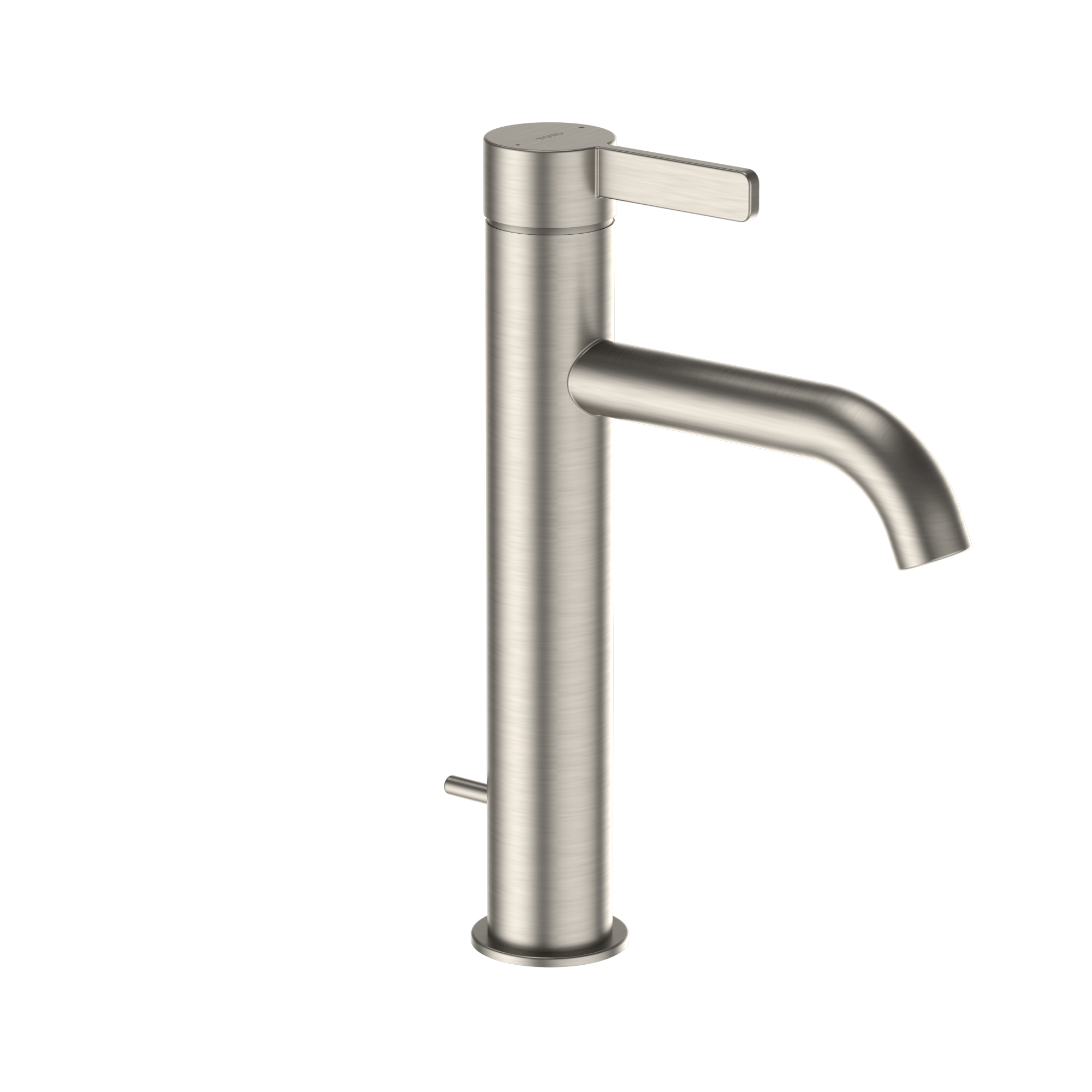 Brushed nickel single-handle bathroom sink faucet with tall cylindrical body and curved spout.