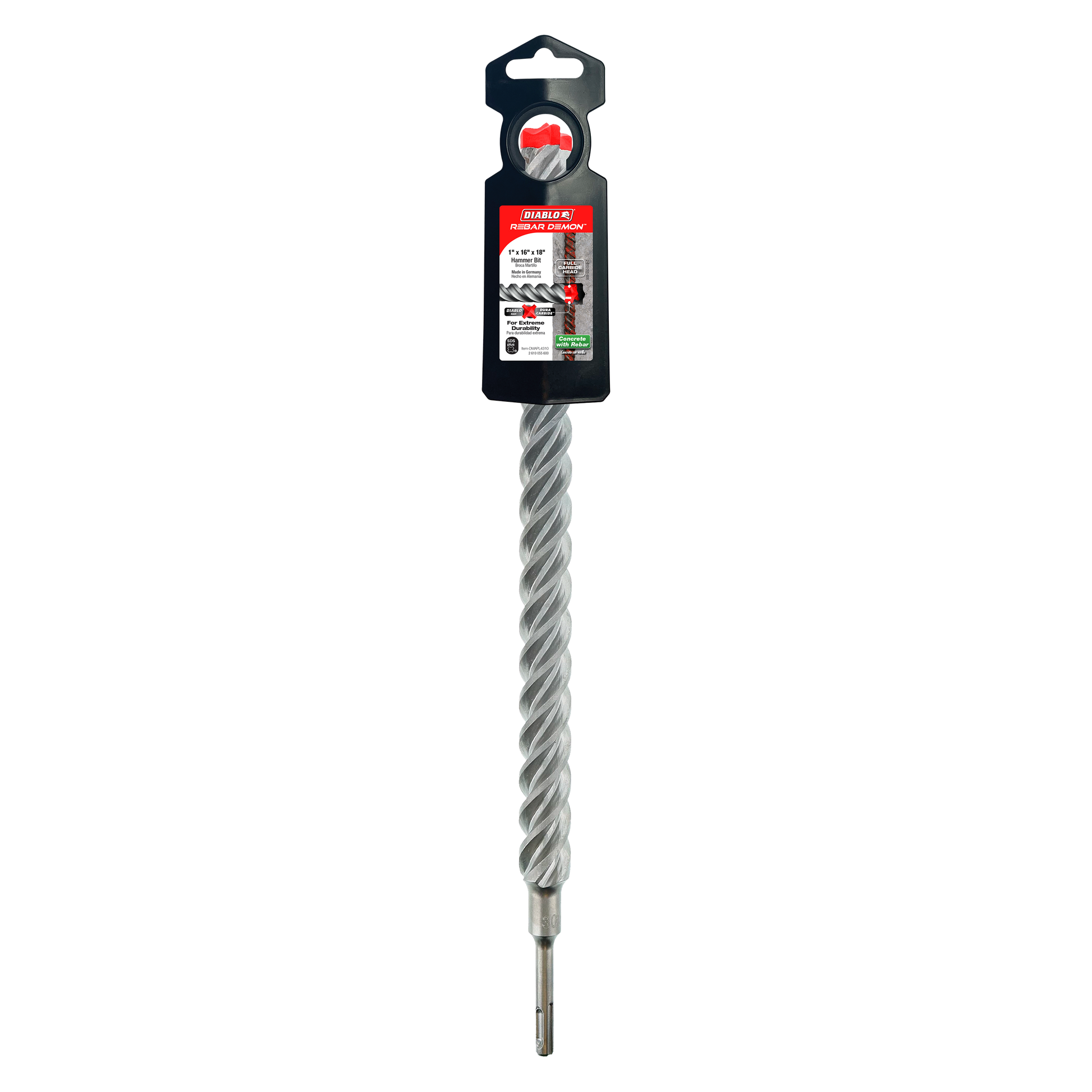 Diablo SDS-Plus hammer drill bit with spiral flutes, carbide head, and SDS-Plus shank in black packaging.