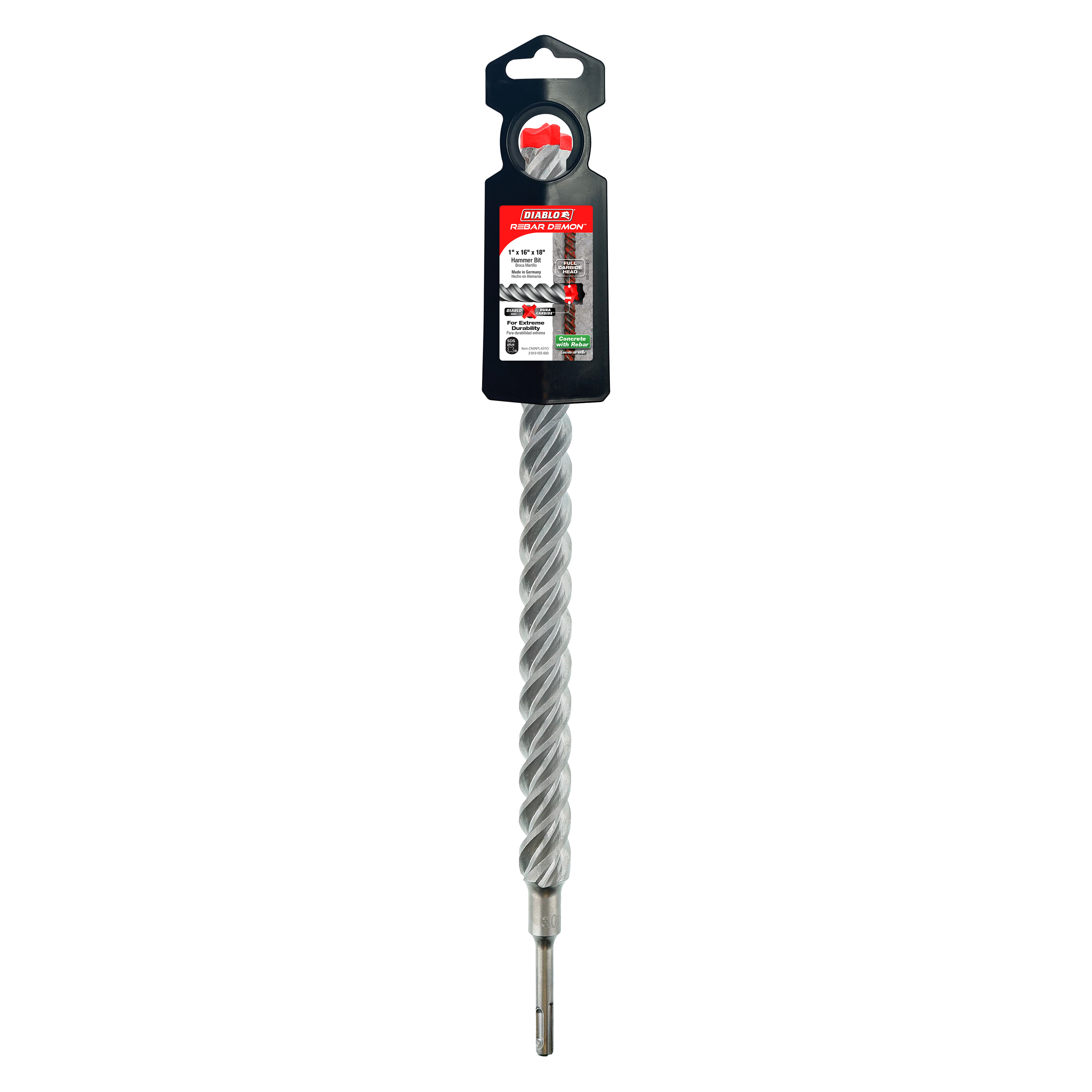 Five Diablo SDS-Plus hammer drill bits with spiral flutes and carbide cutting heads, packaged in black clamshell card.
