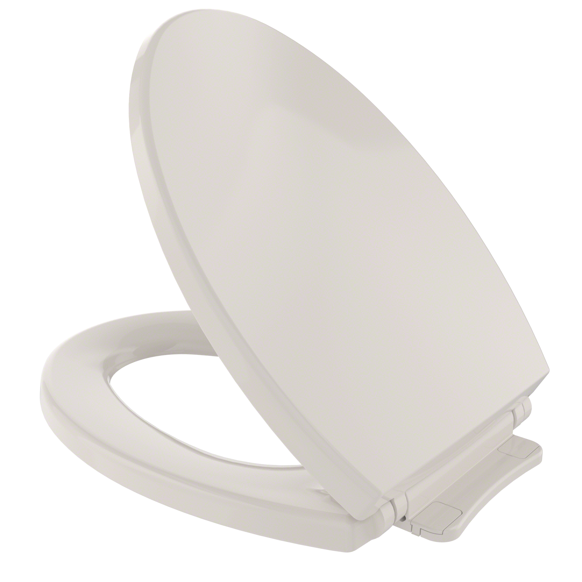 Sedona beige elongated toilet seat and lid with slow-close hinges in open position.