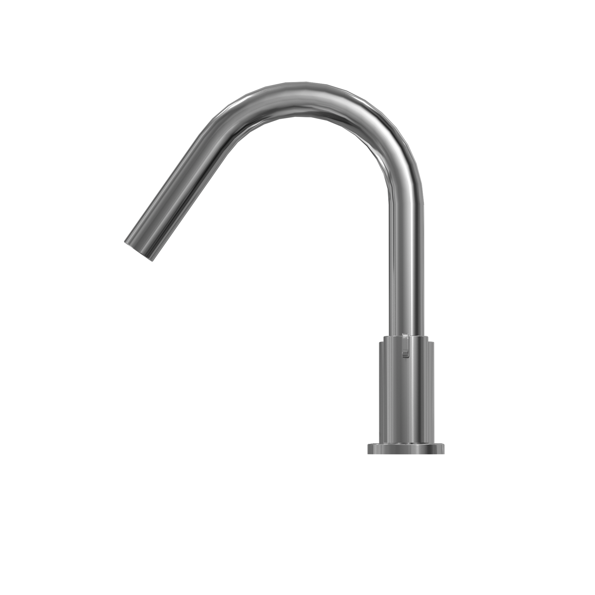 Polished chrome arched spout with cylindrical base for deck-mount tub filler installation.