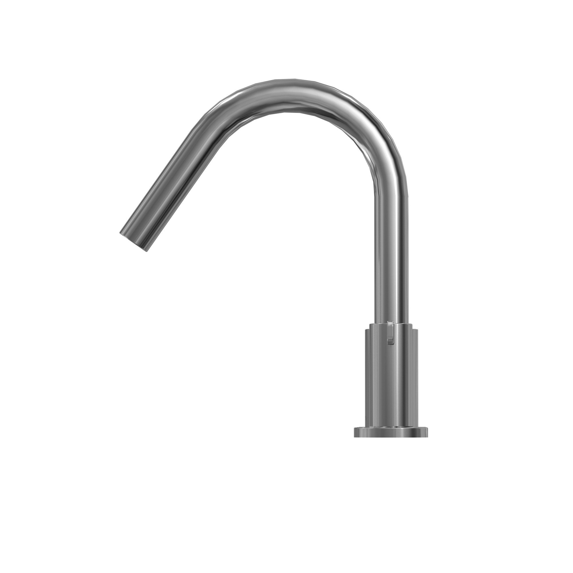 Polished chrome arched spout with cylindrical base for deck-mount tub filler installation.