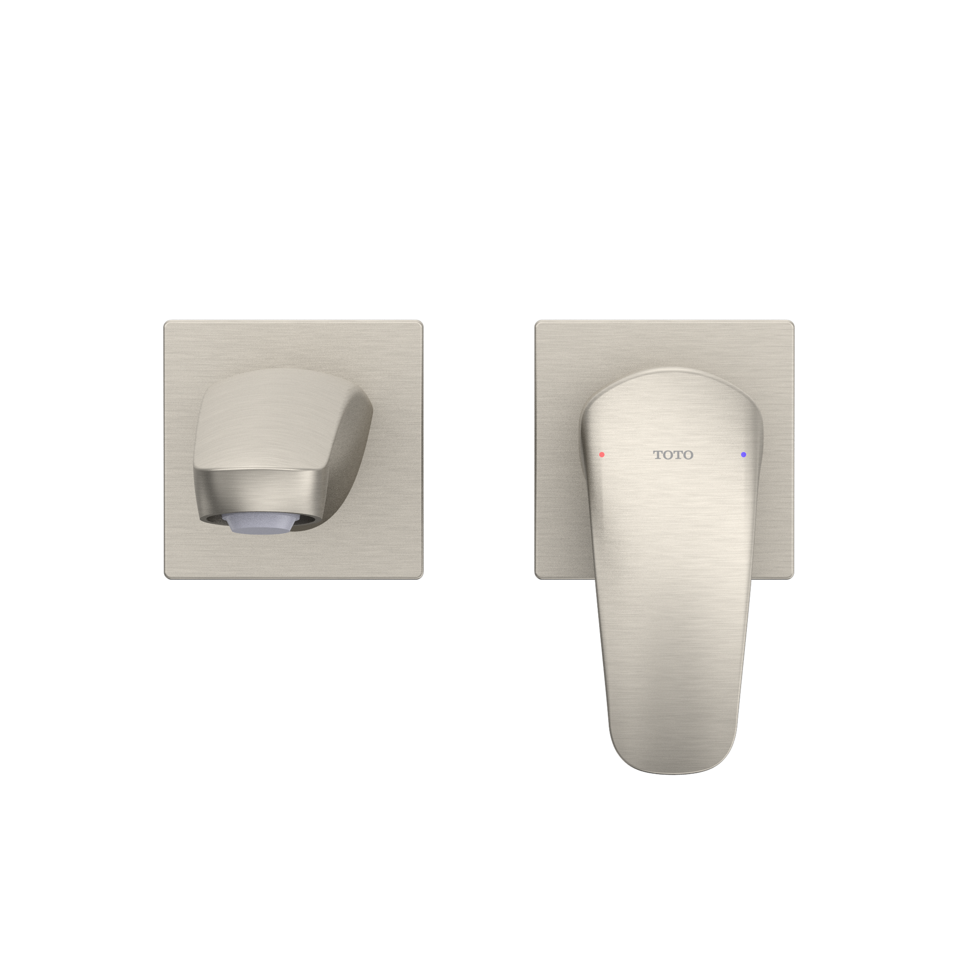 Brushed nickel wall-mount bathroom faucet with single handle and elongated spout shown in top and front views.