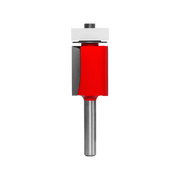 Router bit with red body, white top bearing guide, and metal shank for flush trimming woodworking edges.