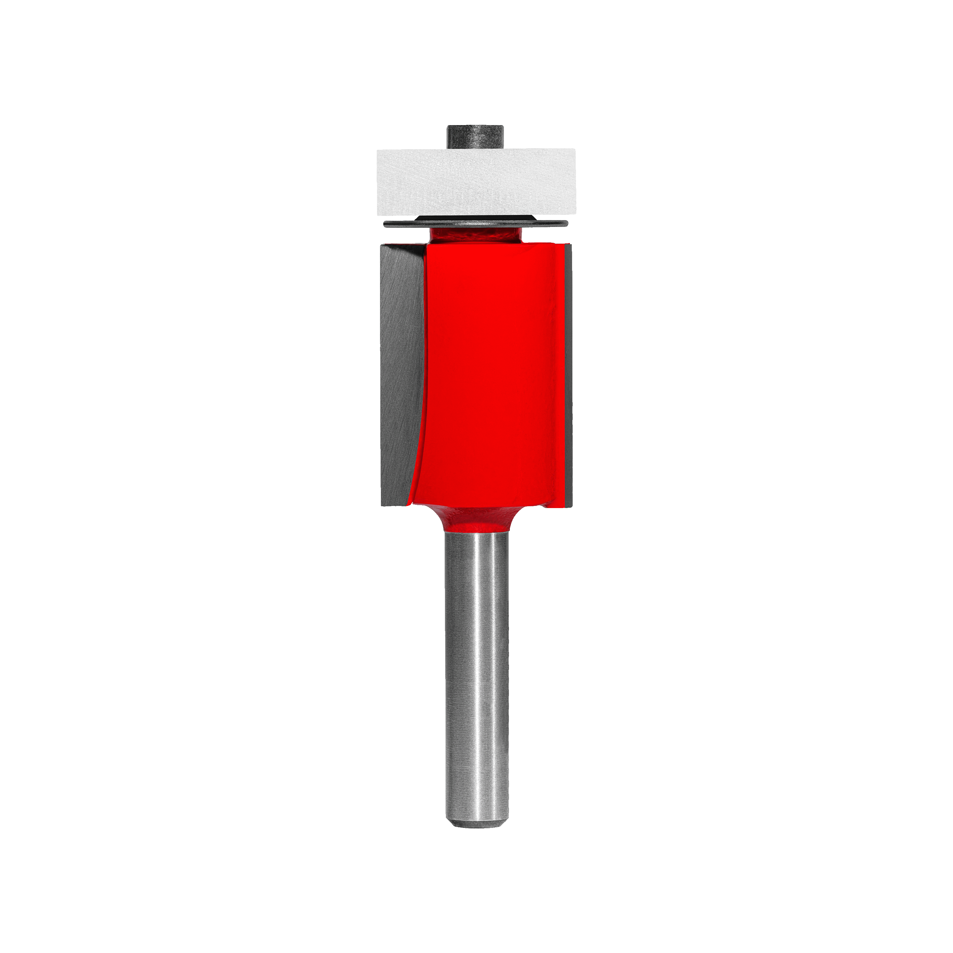Router bit with red body, white top bearing guide, and metal shank for flush trimming woodworking edges.