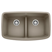 Truffle Silgranit double bowl undermount sink with low divider and chrome drain strainers, viewed from above.