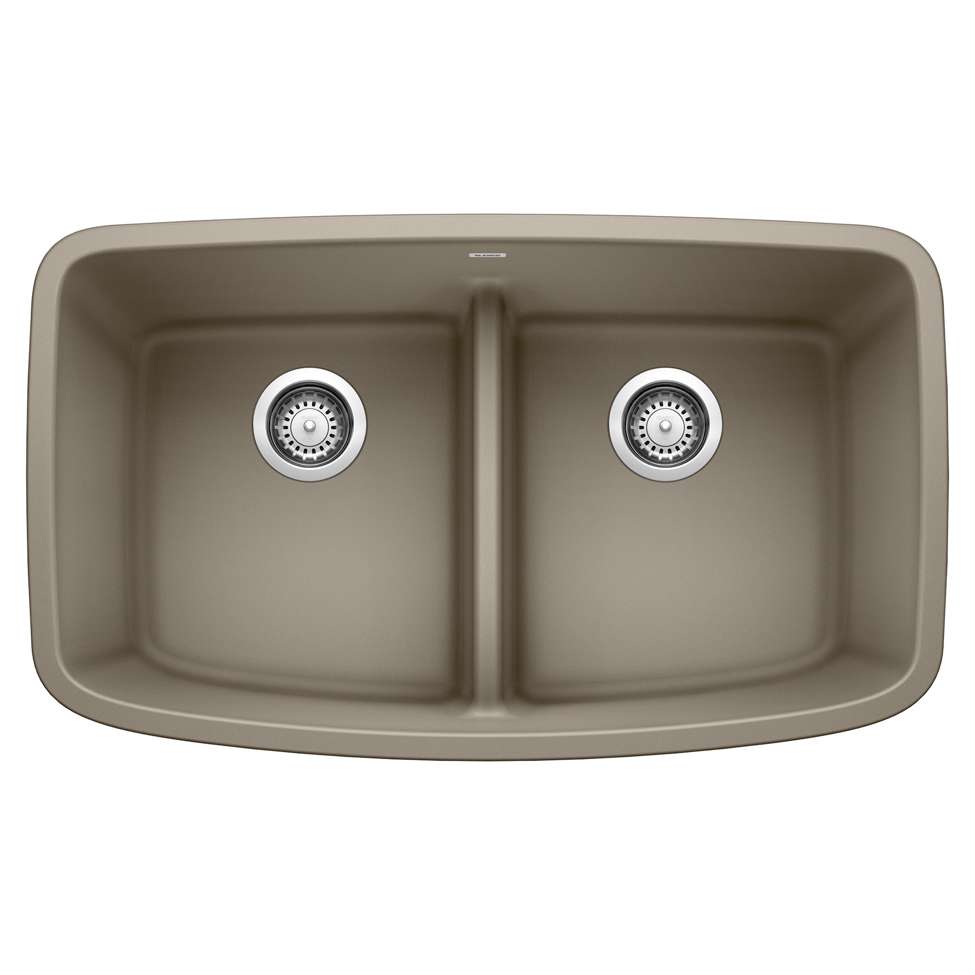 Truffle Silgranit double bowl undermount sink with low divider and chrome drain strainers, viewed from above.