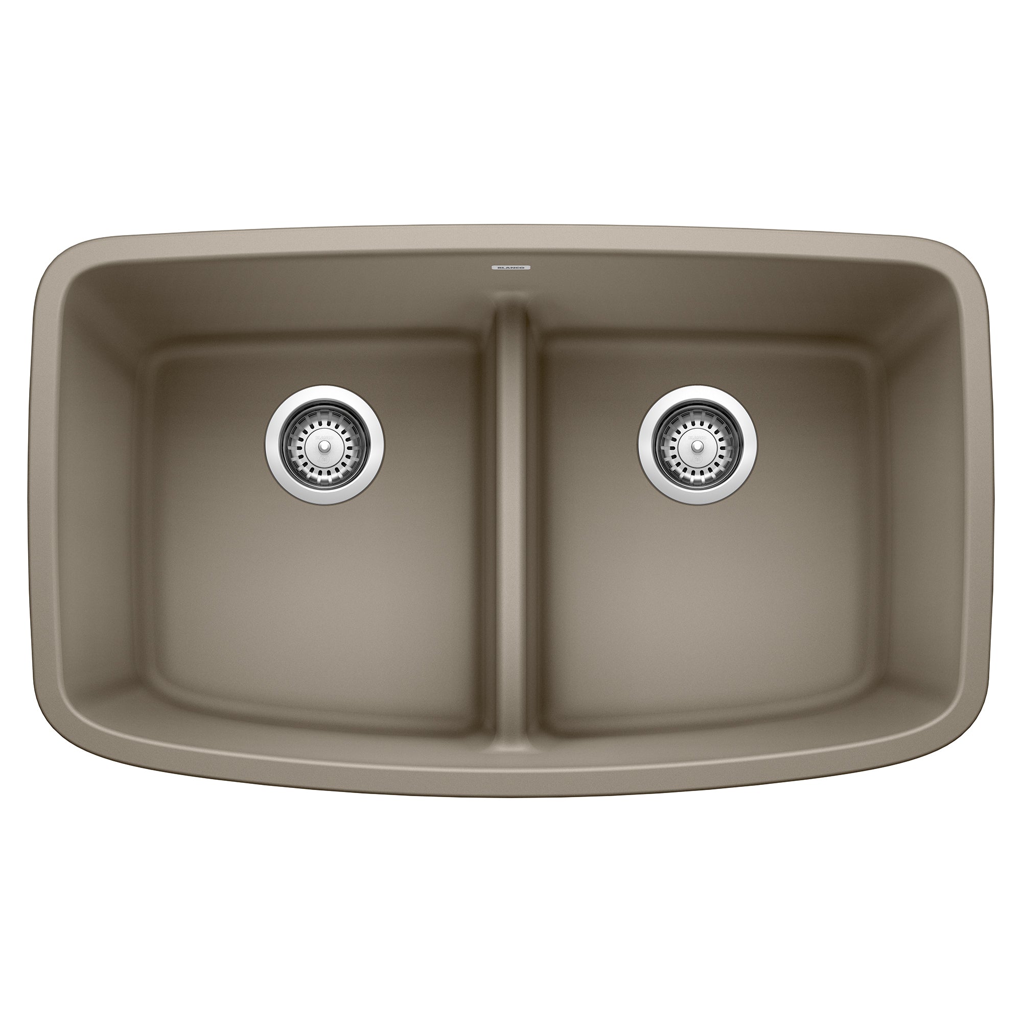 Truffle Silgranit double bowl undermount sink with low divider and chrome drain strainers, viewed from above.