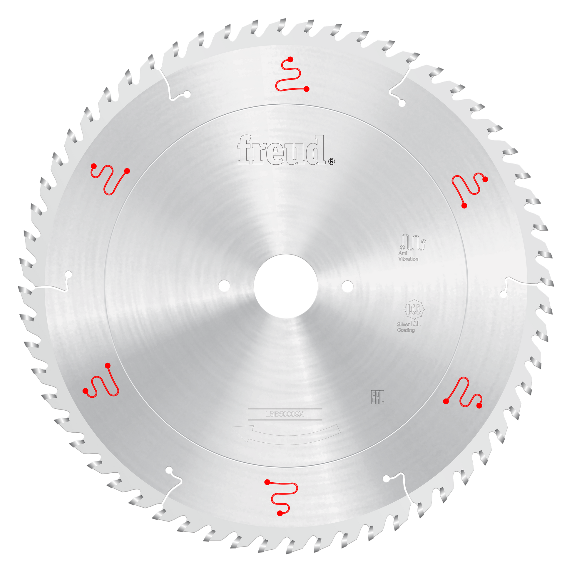 Freud 500mm circular saw blade with silver coating and multiple teeth around the edge, featuring red logos and markings.