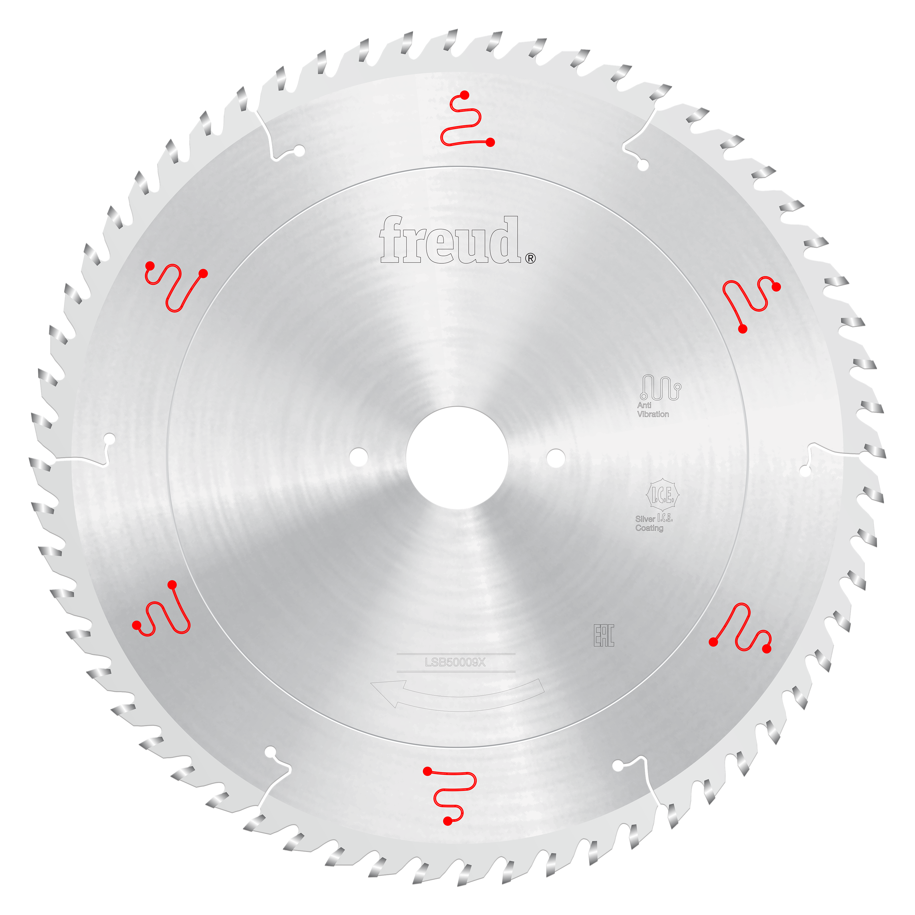 Freud 500mm circular saw blade with silver coating and multiple teeth around the edge, featuring red logos and markings.