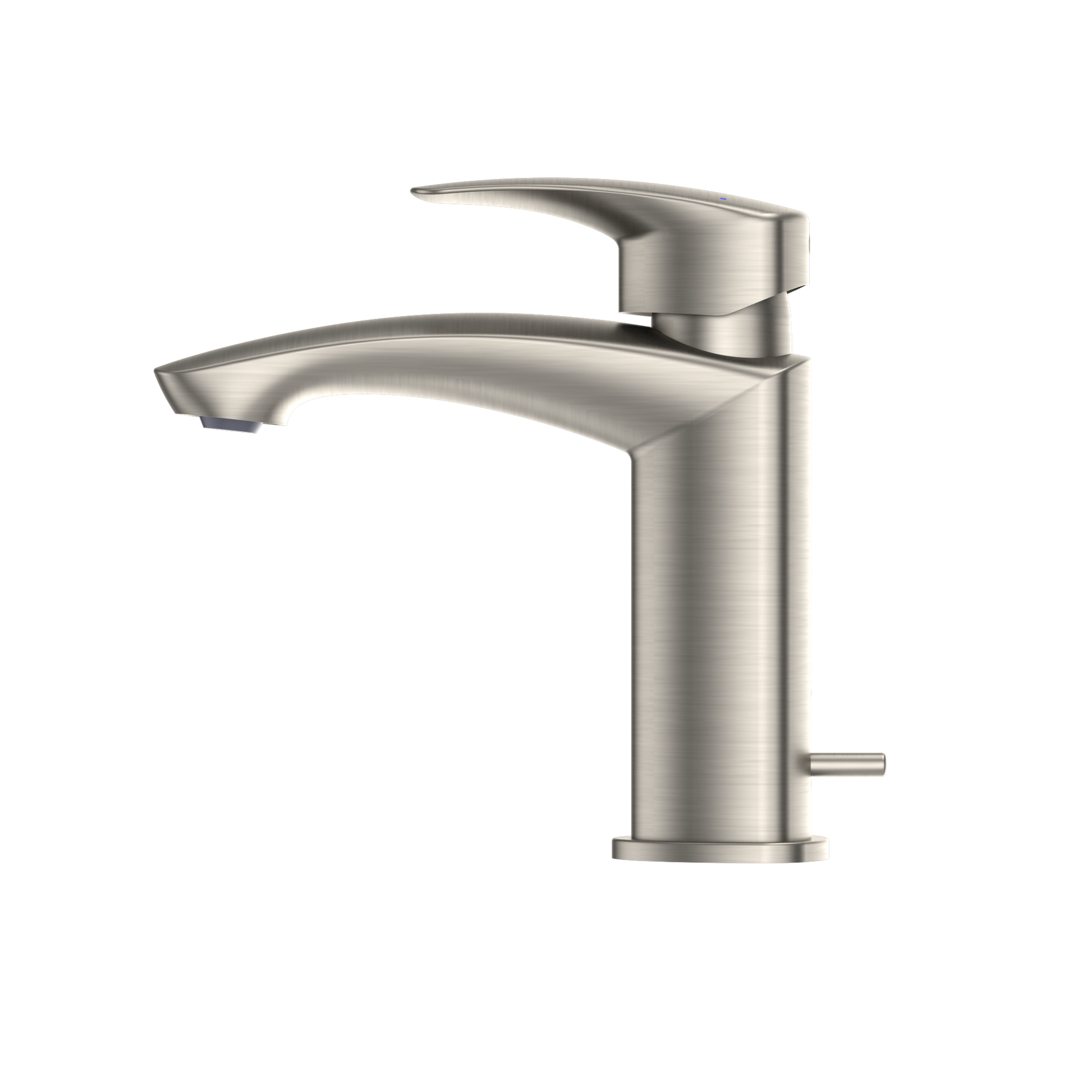 Brushed nickel single-handle bathroom sink faucet with curved spout and lever control.