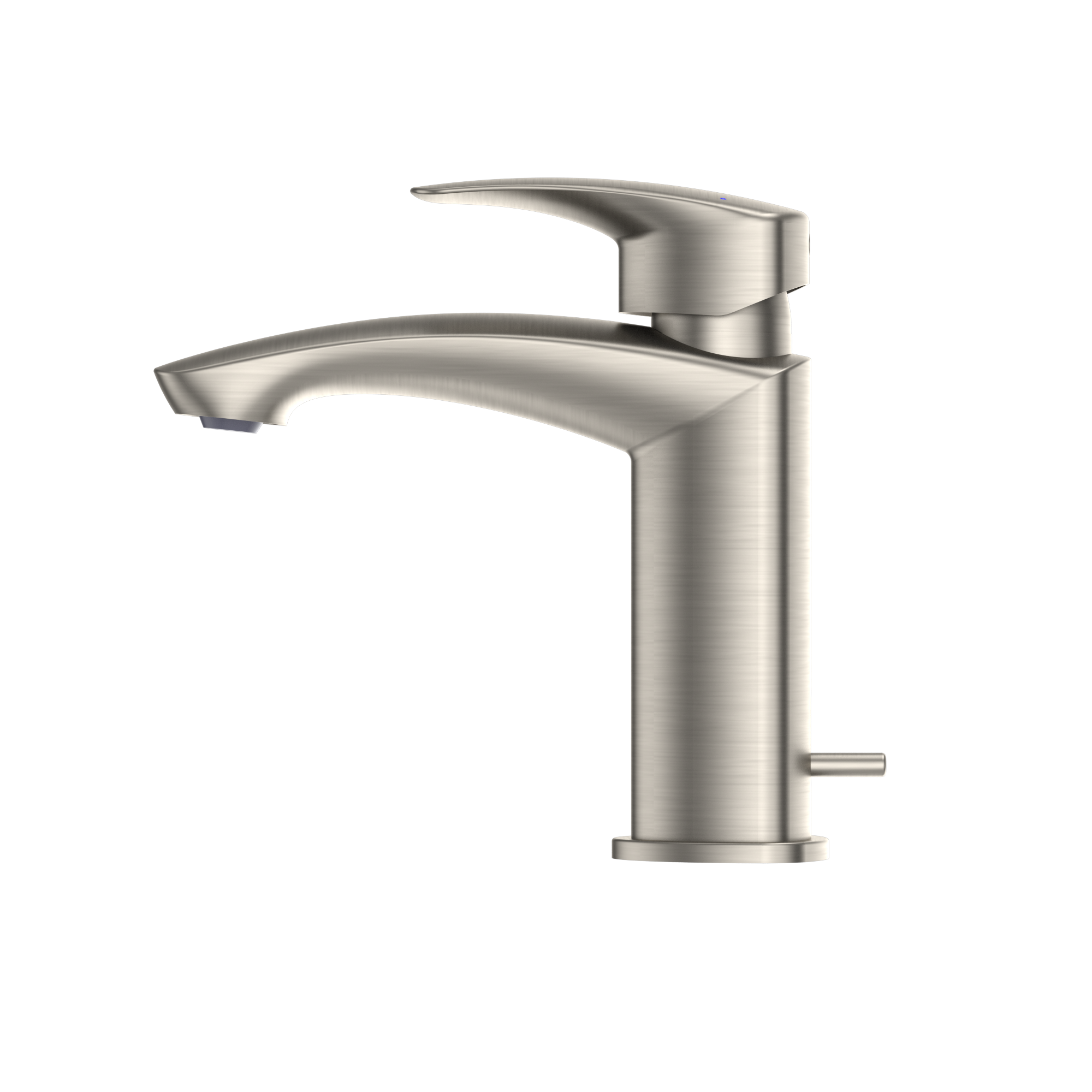Brushed nickel single-handle bathroom sink faucet with curved spout and lever control.