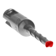 SDS-Plus hammer drill bit with carbide cutting head and red plastic tip, featuring spiral flutes along the shaft.