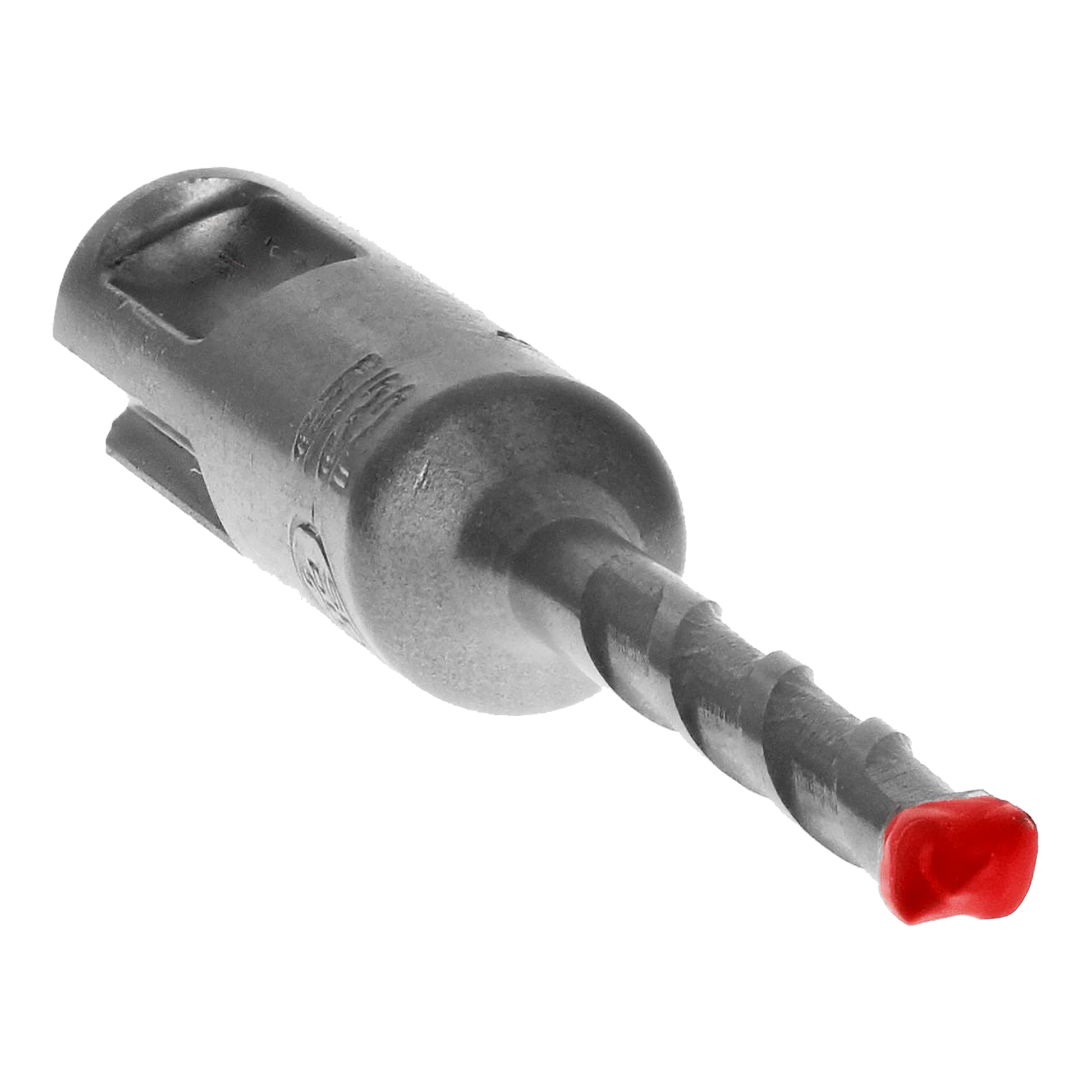 SDS-Plus hammer drill bit with carbide cutting head and red plastic tip, featuring spiral flutes along the shaft.