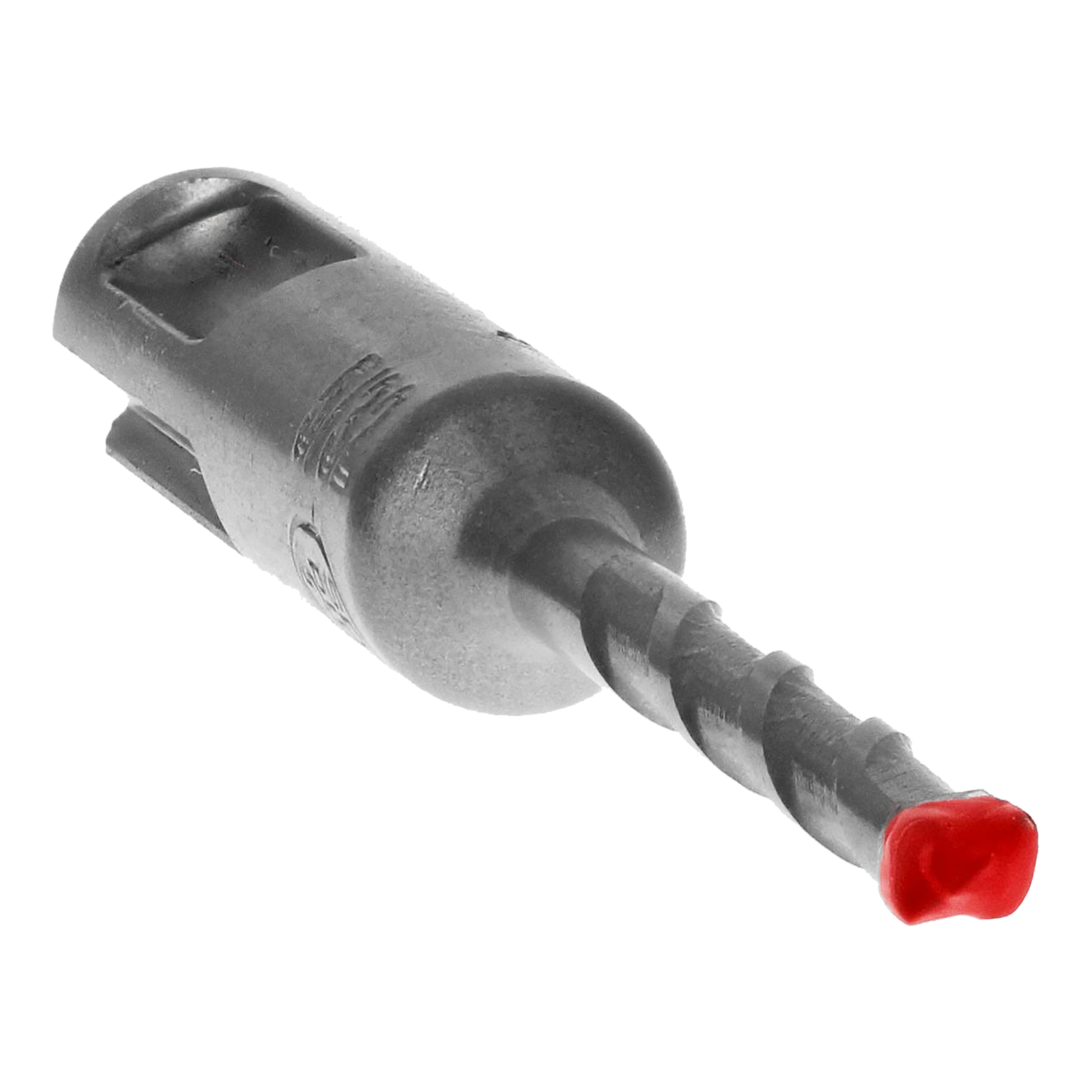 SDS-Plus hammer drill bit with carbide cutting head and red plastic tip, featuring spiral flutes along the shaft.