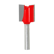 Red double flute straight router bit with metal shank and gray cutting edges.