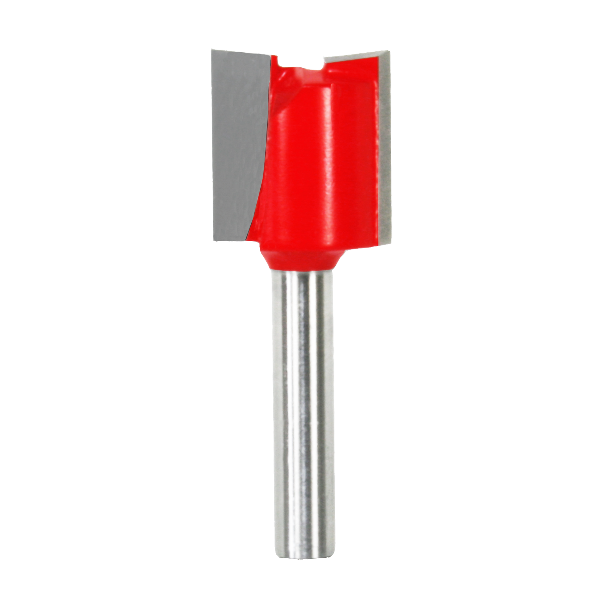 Red double flute straight router bit with metal shank and gray cutting edges.