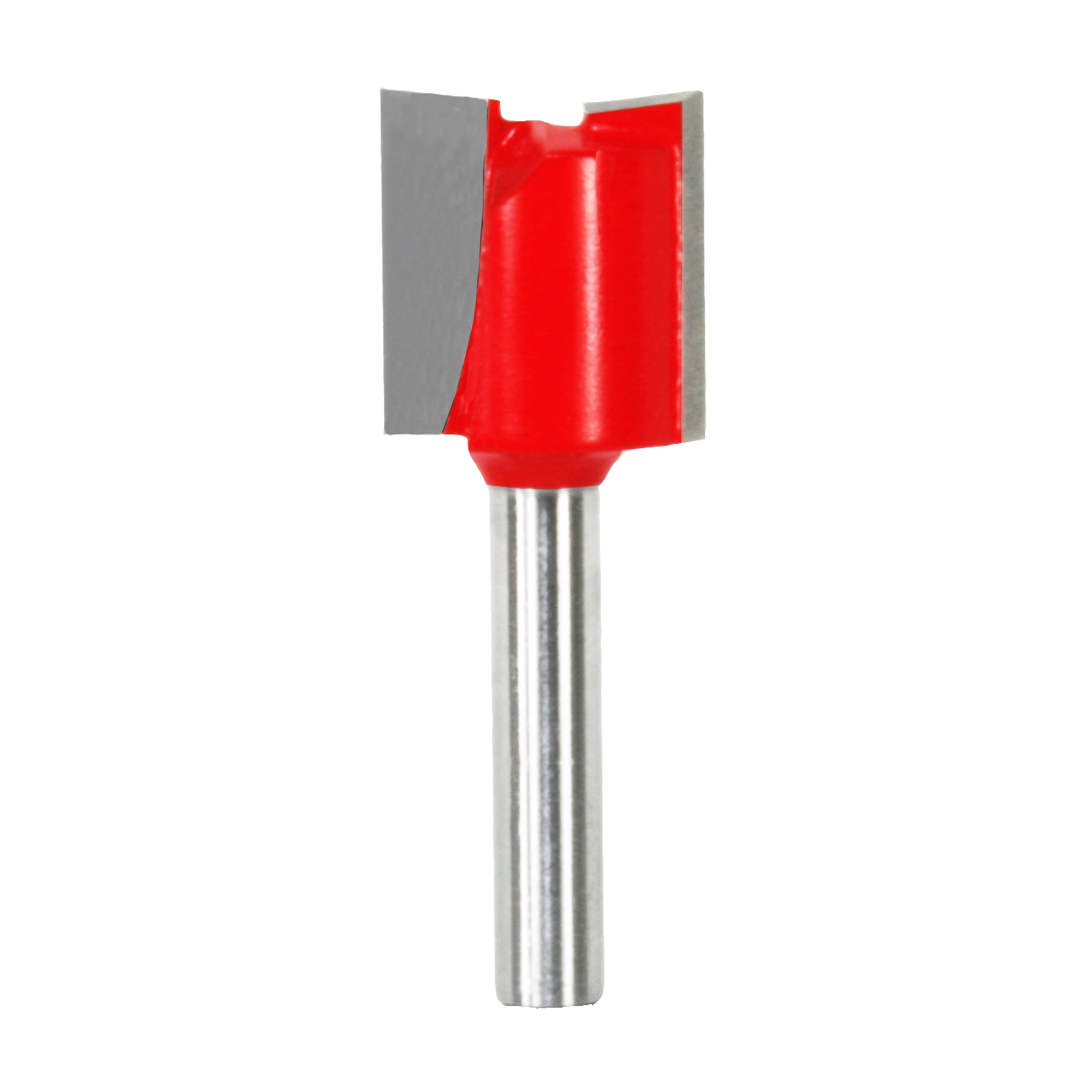 Red double flute straight router bit with metal shank and gray cutting edges.