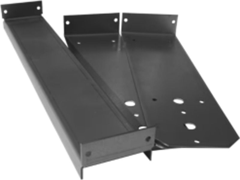Black metal mounting bracket with angled and flat panels featuring multiple holes for fastening.