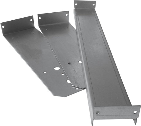 Three gray metal mounting brackets with mounting holes and bent flanges for wall installation.