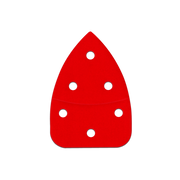 Red mouse/detail sanding pad with hook and loop backing and six white dust collection holes.