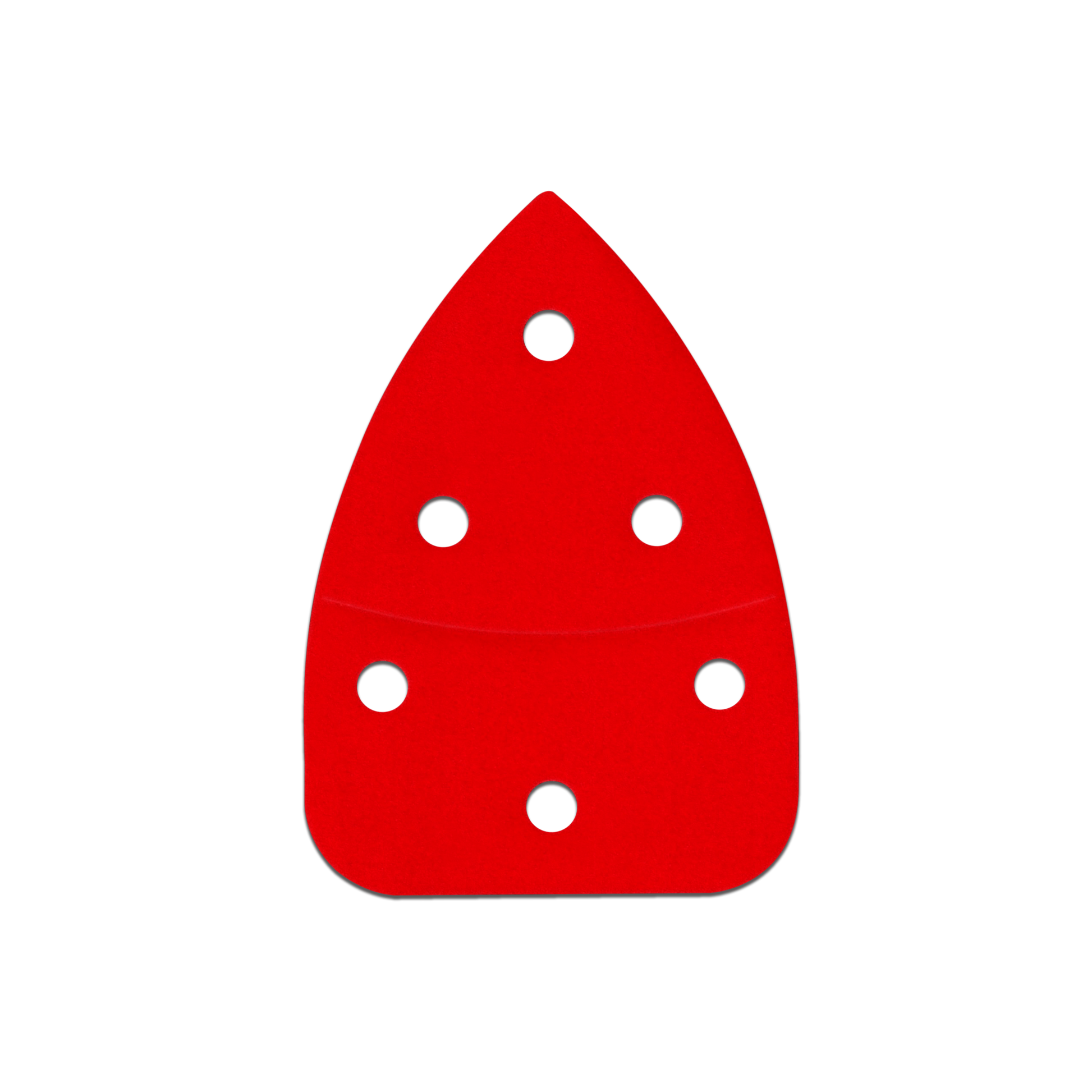 Red mouse/detail sanding pad with hook and loop backing and six white dust collection holes.