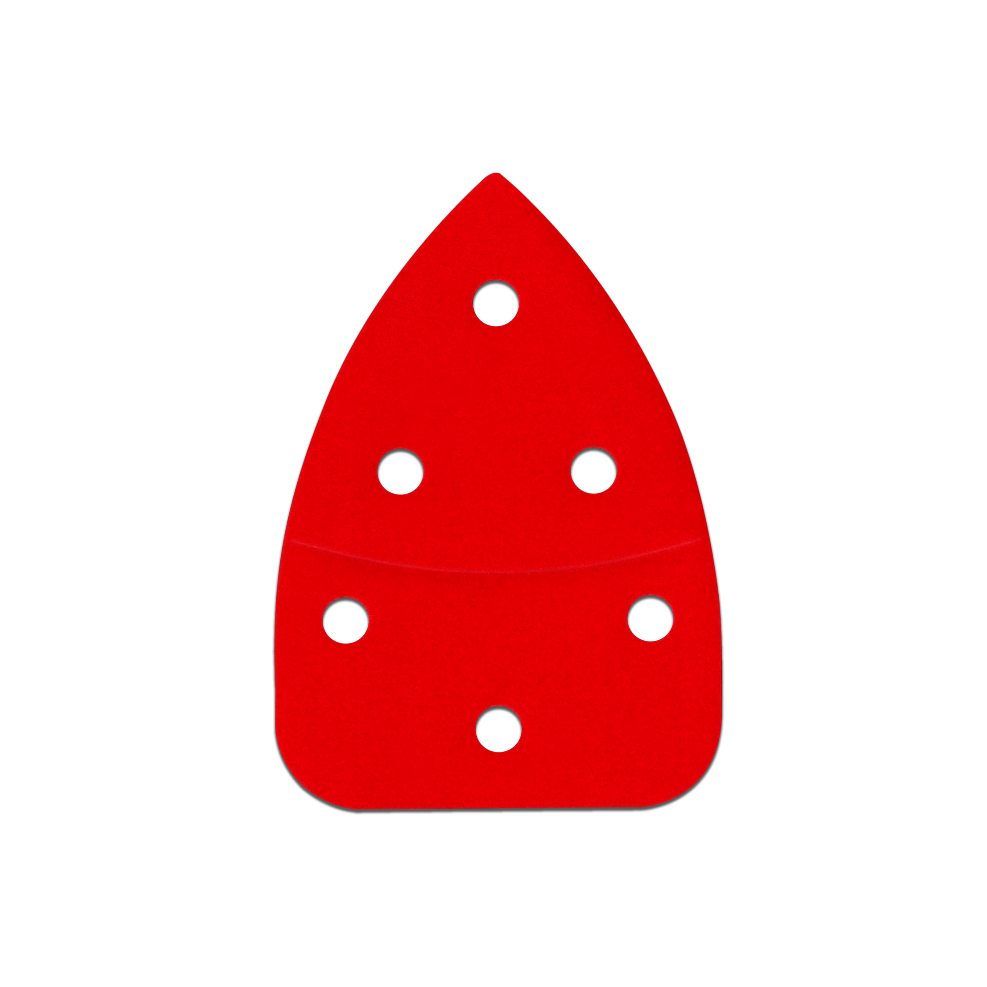 Red mouse/detail sanding pad with hook and loop backing and six white dust collection holes.